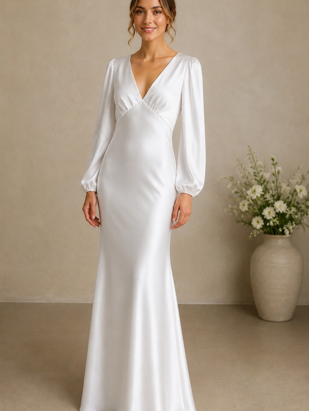 White Long-Sleeve Satin V-Neck Evening Gown